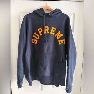 Supreme x Champion Arc Logo Hoodie - Size XL - Navy Blue/Yellow